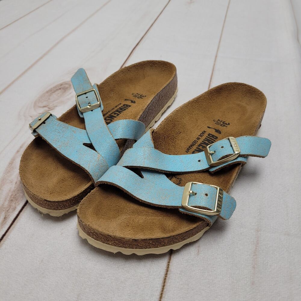 Birkenstock Yao sandals strappy buckle washed metallic aqua 36 slides